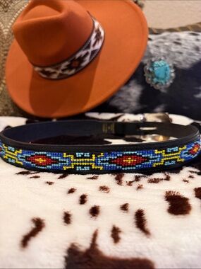 Handmade Beaded Black Leather Belt - Blue, Yellow & Red Accents